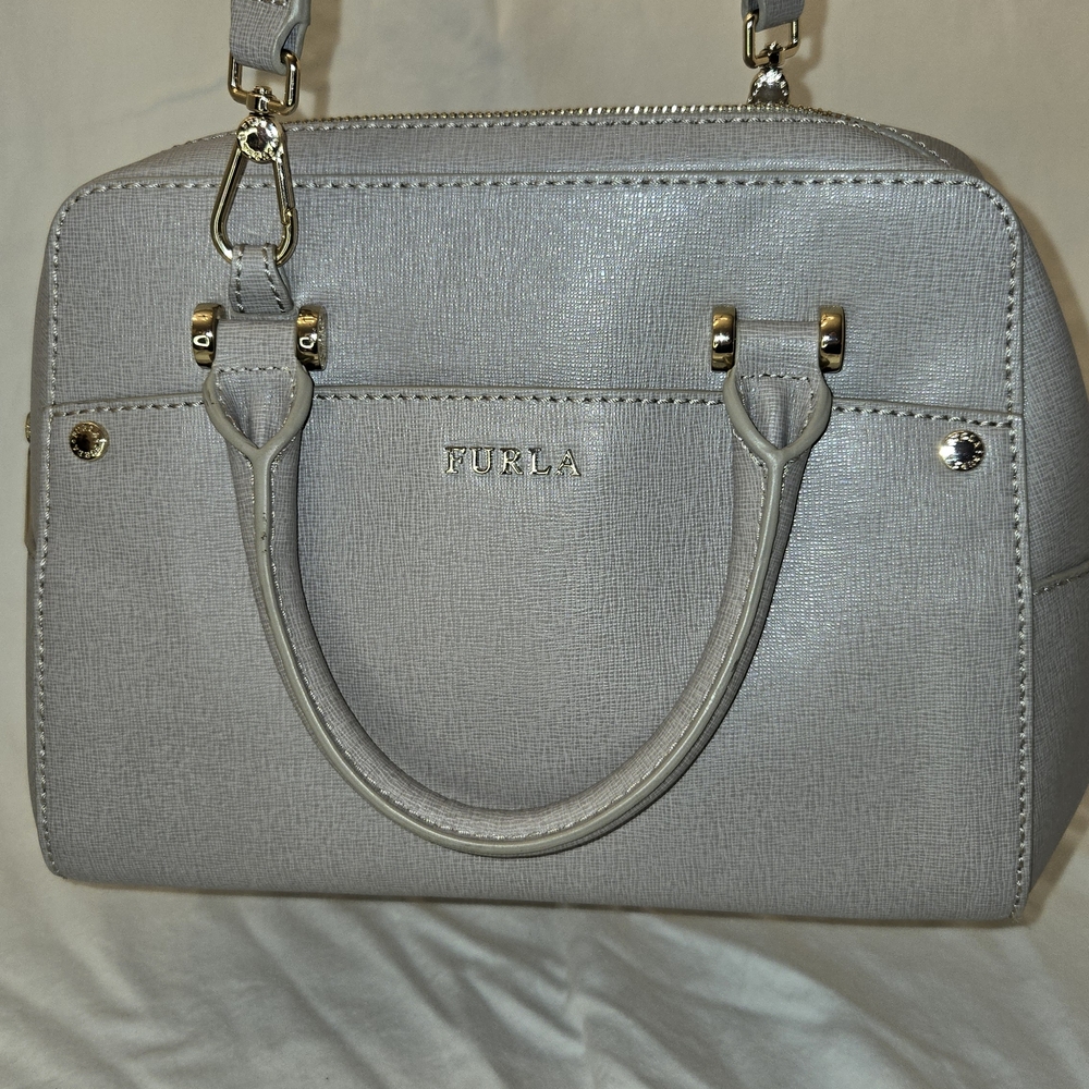 Furla Gray Saffiano Leather Satchel Crossbody Bag Gold Hardware